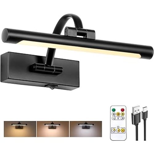 Battery Powered Picture Light with Remote and Timer,Full Metal Art Light with Swing Arm,12 Inch Dimmable,3CCT in One, Rechargeable Wall Lights for Display, Artwork, Canvas,Hallway