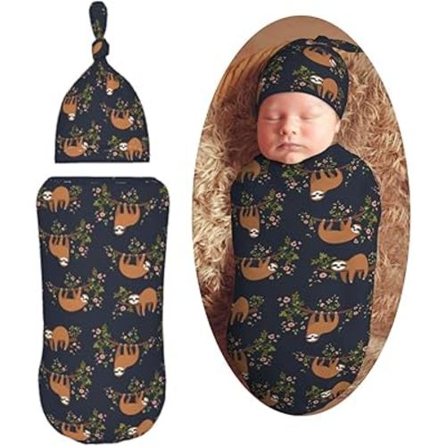 Funny Cute Sloth On Tree Branch Newborn Swaddle Blankets Hat Sets Soft Baby Receiving Blanket Swaddle Sack for Baby Shower Infant Boy Girl Gift