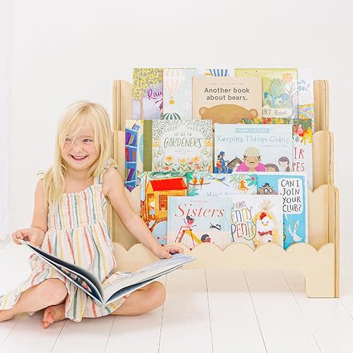 Toddler Bookshelf with Scalloped Shelves to Show Covers of Books - 3-Tier Montessori Kids Bookcase for Bedroom, Playroom, Nursery, or Classroom - Wooden Kid Book Shelf Rack for Floor