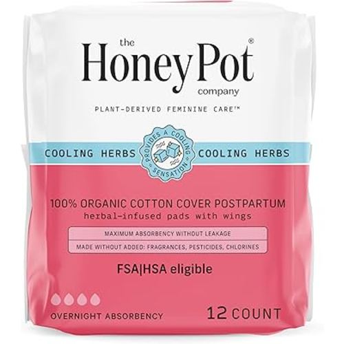 The Honey Pot Company - Herbal Postpartum Pads w/Wings - Infused w/Essential Oils for Cooling Effect, Organic Cotton Cover, & Ultra-Absorbent - 12ct