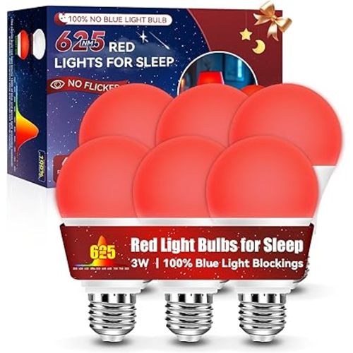 Neporal 625nm Red Light Bulbs for Sleep 3W, 100% Blue Light Blocking Light Bulbs for Melatonin Promoting, A19 LED 40W Equivalent Dim Red Night Light Bulb for Baby Nursery, Sleeping, Reading, 6-Pack