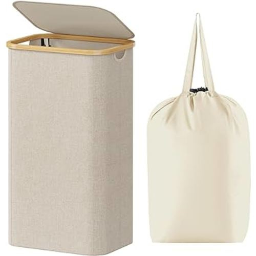 Lifewit 100L Laundry Basket with Lid, Clothes Hampers for Laundry with Bamboo Handles and A Removable Laundry Bag, Large Foldable Laundry Hamper for Bedroom, Bathroom, Dorm, Laundry Room, Beige