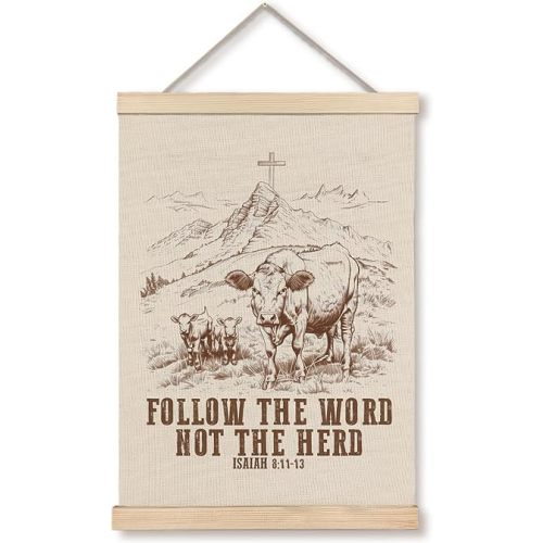 GDJIEGBC Boho Vintage Farm Western Cow Christian Jesus Poster Hanger Frame,Vintage Religious Wall Decor for Home Living Room Church,Follow the Word Not the Herd Bible Verse Canvas Wall Art,12x16 Inch
