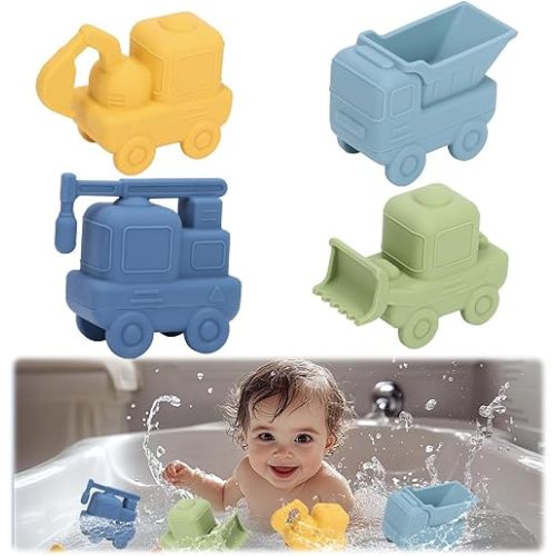 4 Pack Food-Grade Construction Bath Toys, SEILETOO Silicone Cars Bath Toys for Babies, Vehicle Bath Toys for Toddlers 1-4, Mold Free, Dishwasher Safe, BPA Free