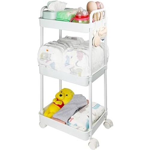 Baby Diaper Caddy Organizer, 3-Tier Movable Diaper Cart with Wheels, Gift for Newborn Essentials, Wipes & Baby Diapers, Baby Registry Must Have - Plastic White
