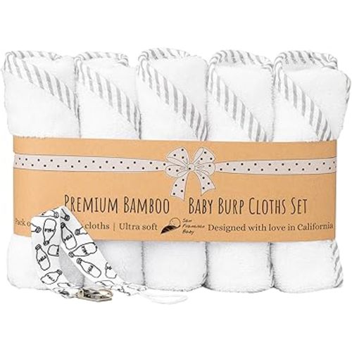 Ultra Soft Burp Cloths Unisex 5 Pack w/Pacifier Clip - Comfortable Fabric - Extra Absorbent Burping Bib for Spit-Ups and Spills - 19 x 9” Baby Burp Cloths White