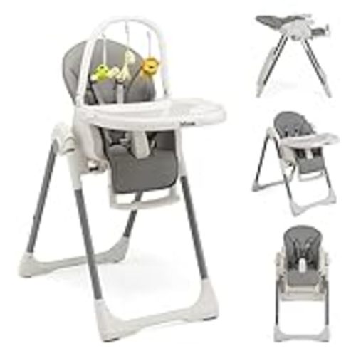 INFANS High Chair for Babies and Toddlers, Foldable Highchair with 7 Different Heights 4 Reclining Backrest Seat 3 Setting Footrest, Removable Tray Built-in Rear Wheels with Locks (Grey)