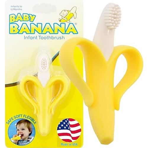 The Original Baby Banana Toothbrush Teether Toy, for Babies Infants Toddlers; USA Family-Owned Business; Teething Relief for Sore Gums, Massaging Soothing; Safest Food Grade Silicone