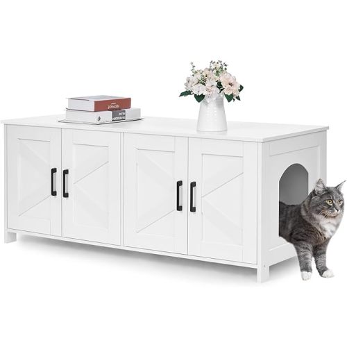 Homhedy Cat Litter Box Enclosure For 2 cats, Litter Box Furniture Hidden with Double Room,Wooden Cat Washroom Furniture,Cat House,47.2”L x 19.7”W x 19.7”H,White