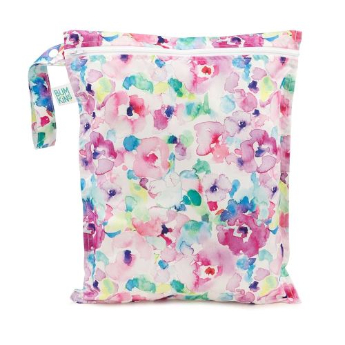 Bumkins Waterproof Wet Bag for Baby, Travel, Swim Suit, Cloth Diapers, Pump Parts, Pool, Beach, Gym Clothes, Toiletry, Hook to Stroller, Daycare, Zip Reusable Wetdry Packing Pouch, Watercolors Floral