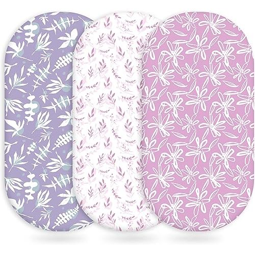 Baby Bassinet Sheets Girl Boy, Fitted Bassinet Sheet Set 3 Pack Bassinet Mattress Sheets Universal Fit for Rectangle, Round, Oval, Hourglass Mattress, Soft Breathable Purple Leaf