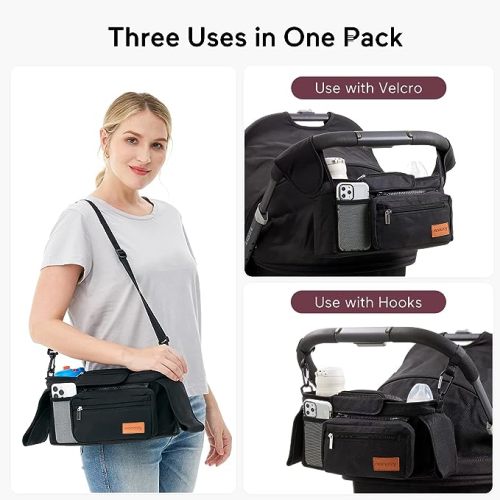 Momcozy Universal Stroller Organizer with Insulated Cup Holder Detachable Phone Bag & Shoulder Strap, Fits for Stroller like Uppababy, Baby Jogger, Britax, BOB, Umbrella and Pet Stroller - Black