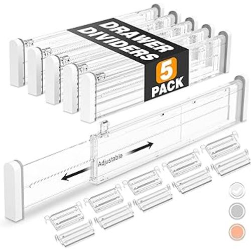 HiYZ Expandable Drawer Dividers with Inserts - Adjustable Drawer Organizers Separators for Kitchen, Bedroom, Dresser, Office, 5 Long Dividers(12.6-22.8 IN) with 10 Inserts(3.9-7.1 IN)-Clear