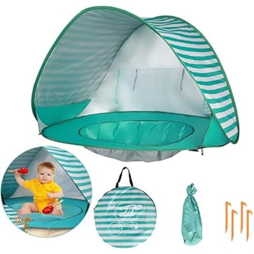Baby Beach Tent with Pool, UPF 50+ Beach Sun Shelter Outdoor Tent for Aged 0-3 Baby and Kids, Parks and Beach Shade Portable Mini Pool