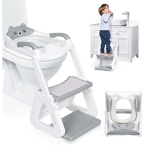 Orzbow 2-IN-1 Potty Training Toilet Seat with Step Stool for Toddler, Stability Training Potty Seat for Kids Boys Girls with Splash Guard and Anti-Slip Pad, Adjustable Ladder & Potty Seat Height, Grey