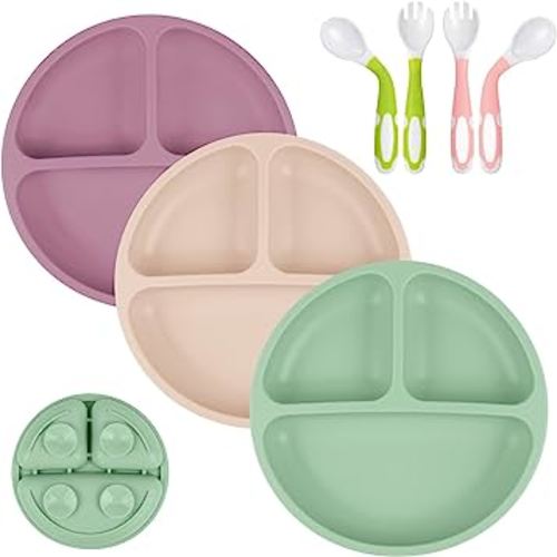 Vicloon Suction Plates, 3 Pcs Baby Toddler Plate Silicone, BPA Free Divided Plate with 2 Pcs Baby Bendable Spoons, Divided Plate Design,Silicone Grip Dish Microwave & Dishwasher Safe