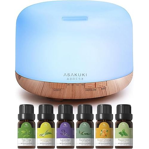 ASAKUKI Oil Diffuser with Essential Oils Set, 500ml Aromatherapy Humidifier with 14 LED Colors & Auto Shut-Off - 6 Oil Gift Pack(Lavender Eucalyptus Tea Tree Orange Peppermint Lemongrass)