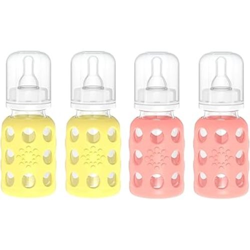 Lifefactory Glass Baby Bottles with Silicone Protection - 4-Pack, 4 oz Each Bottle (2- Banana & 2- Cantaloupe)