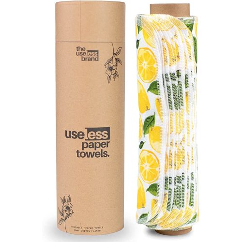 The Useless Brand Reusable Paper Towels Roll | Washable Cotton Flannel Towels w/Cardboard Roll | Fits on All Holders (Lemons, 12 Towels)