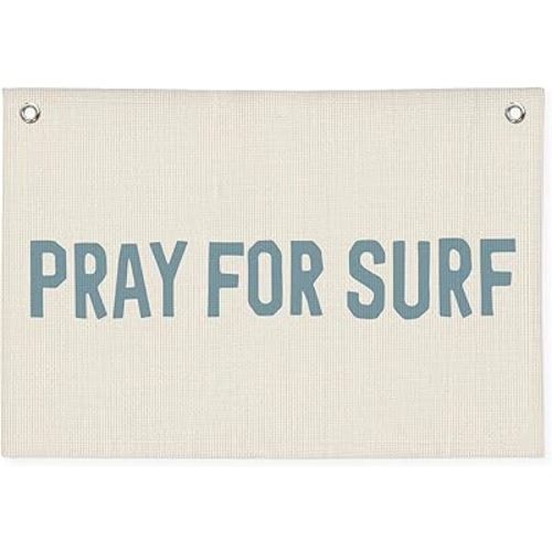 Surf Decor, Coastal Beach Room Decor Aesthetic, Pray For Surf Linen Banner Wall Hanging Canvas Banner Flag Decor for Coastal Surfer Room Bedroom Beach - Blue