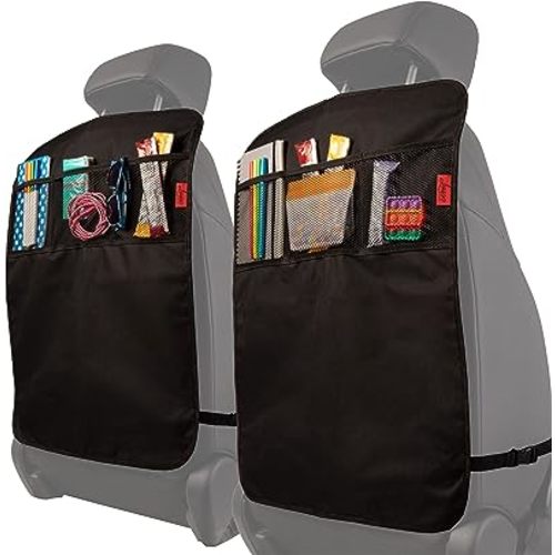 Lusso Gear Heavy Duty Kick Mats (2 Pk) - Waterproof Back Seat Car Organizer - Sag Proof Car Back Seat Cover for Kids - Black Kick Mats Back Seat Protector with 3 Reinforced Storage Pockets