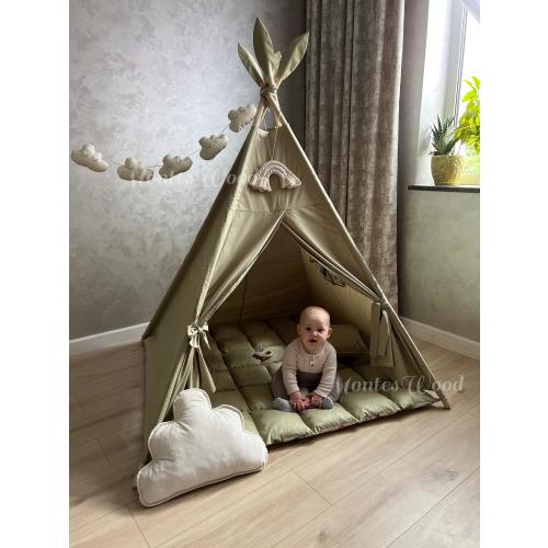 Handmade Kids Teepee Tent with Soft Padded Mat, Playhouse for Boys and Girls, Boho Nursery Decor, Play Tent with Cloud Garland