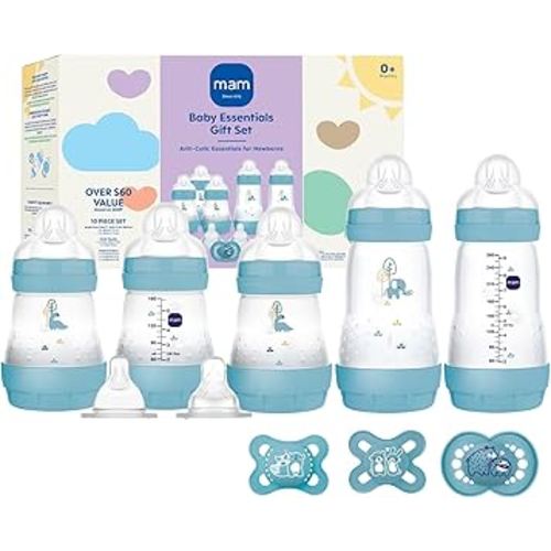 MAM Newborn Essentials Matte Feeding Set, Easy Start Anti-Colic Bottles 5oz, Self-Sterilizing, for 0-3 Months Pacifiers, Skinsoft Silicone Nipples, 10 Pieces for Boy
