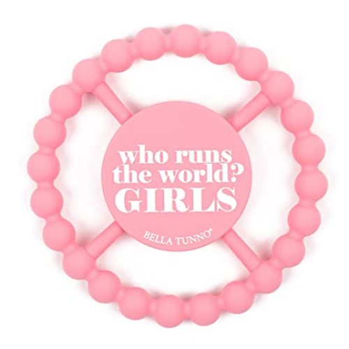 Bella Tunno Happy Teether for Girls– Soft & Easy Grip Baby Girl Teether Toy, Silicone Teether Ring to Help Soothe Gums, Non-Toxic and BPA Free, Who Runs the World