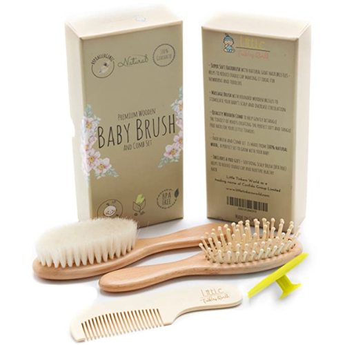 Wooden Baby Hair Brush and Comb Set (4-Piece) for Newborns and Toddlers | Ideal for Baby Cradle Cap | Wood Bristles Baby Massage and Scalp Brush | Perfect for Baby Registry Gift Set