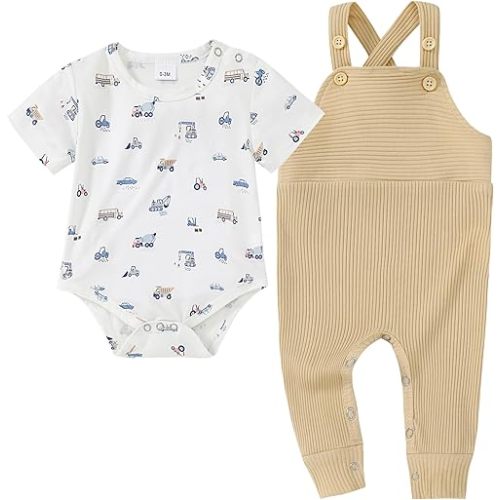 DISAUR Newborn Baby Boy Clothes, Infant Boy Bodysuit Outfits Long Sleeve Romper + Bib Overall Pants Fall Newborn Boy Clothes