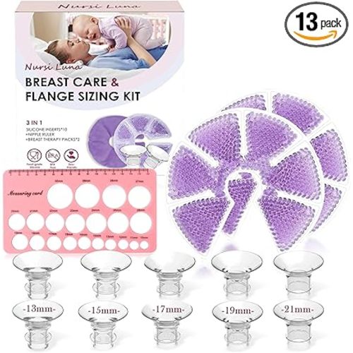 Flange Sizing Kit with Flange Inserts 13/15/17/19/21mm 10PCS, Nipple Ruler Tool, 2 Hot and Cold Breast Therapy Packs, Flange Insert for 24mm Pump, Breastfeeding Essential Kit for New Moms - Purple