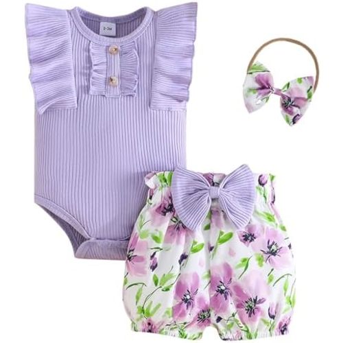 ChuYuKu Newborn Girl Summer Clothes Floral Romper Infant Baby Girls Shorts Summer Set Toddler 1st Birthday Outfits 0-18M