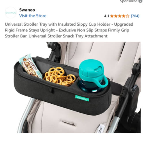 Universal Stroller Tray with Insulated Sippy Cup Holder - Upgraded Rigid Frame Stays Upright - Exclusive Non Slip Straps Firmly Grip Stroller Bar. Universal Stroller Snack Tray Attachment