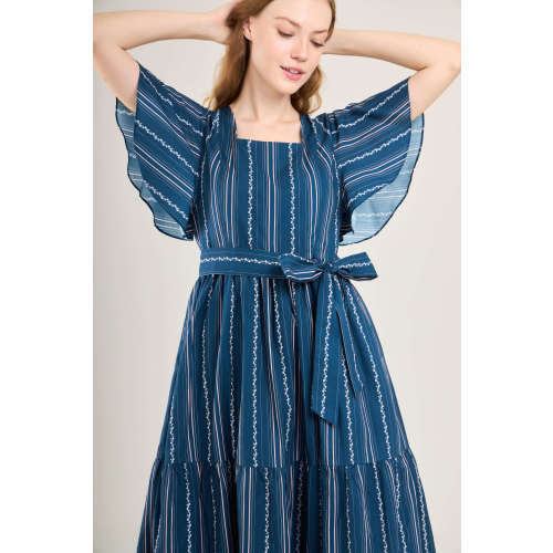 Princess Cotton Midi Dress with Nursing Zippers in Navy Vine Stripe