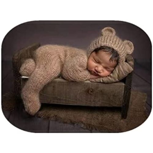 Vemonllas Newborn Photography Props Boys Girls Outfits Mohair Bear Hat Bonnet & Footed Romper Bodysuit Photoshoot Costume Set