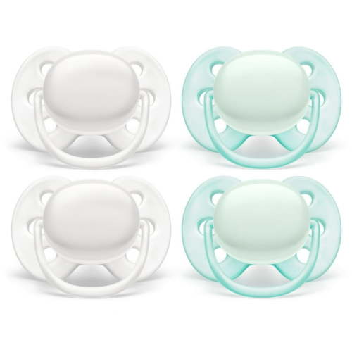 Philips Avent Ultra Soft Pacifier, 0-6 months, Arctic White / Green, 4 pack, SCF214/40