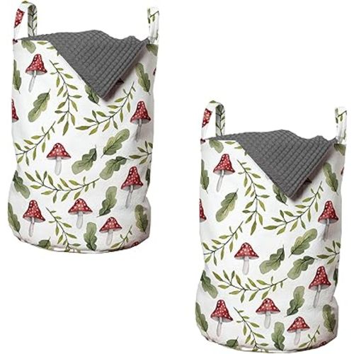Ambesonne Mushroom Laundry Bag Pack of 2, Watercolor Pattern Green Leaves Forest Elements Botanical Woodland Theme, Hamper Basket with Handles Drawstring Closure, 13" x 19", Green Ruby