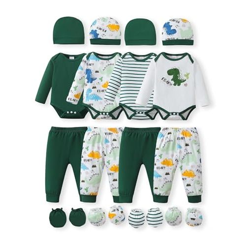 NZRVAWS Newborn Baby Boy Girl Clothes Unisex Infant Romper Pants Set Hat 4-Pack Outfits 0-12 Months 16 Pieces Toddler