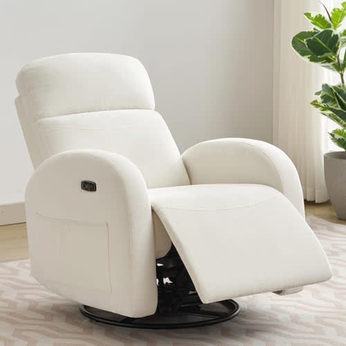 AEMEIOS Power Nursery Recliner Glider, Chenille Swivel Rocker Recliner with Type-C & USB Port, Swivel Glider Recliners with Double Pockets for Adult, Cream White