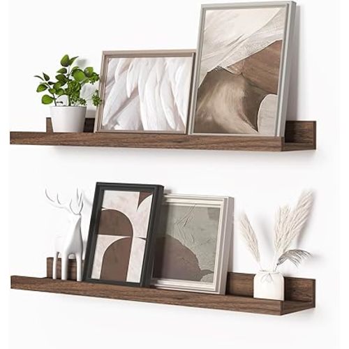 Heimlove Picture Ledge Shelf, Floating Shelves Set of 2, 24 Inches Picture Shelf for Wall with Ledge, Kids Bookshelf Wall Mounted for Living Room Bedroom Decor Books Photo Frames - Walnut