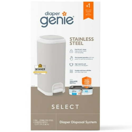 Free Shipping! Diaper Genie Select Pail,Grey, Stainless Steel,1 Diaper Pail, 1 Square Refill - 165 Ct