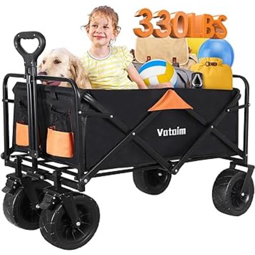 Foldable Wagon Cart Collapsible Beach Heavy Duty 330LBS Weight Capacity Folding Utility Garden Carts with Big All-Terrain Sand Wheels for Travel, Camping, Picnic, Sports, Black