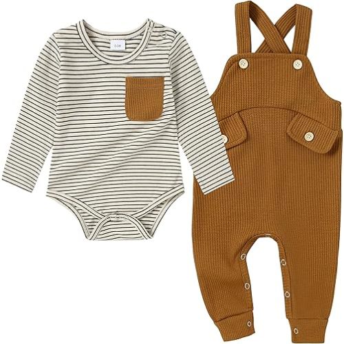 CARETOO Newborn Baby Boy Clothes Infant Boy Romper Fall Winter Outfits Bodysuit 2Pcs Striped Long Sleeve Top Overalls 0-18M