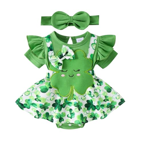 DOMOABEI St Patricks Day Baby Girl Outfit My 1st Patricks Skirt Shamrock Clothes Four Leaf Clover Romper Jumpsuit 0-18 Months
