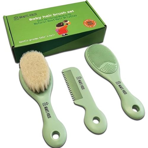 3 Piece Baby Hair Brush & Comb Set for Newborns- Soft Goat Bristle Hair-Brush, Silicone Bath Brush and Plastic Comb for Infant, Toddler, Kids - Baby