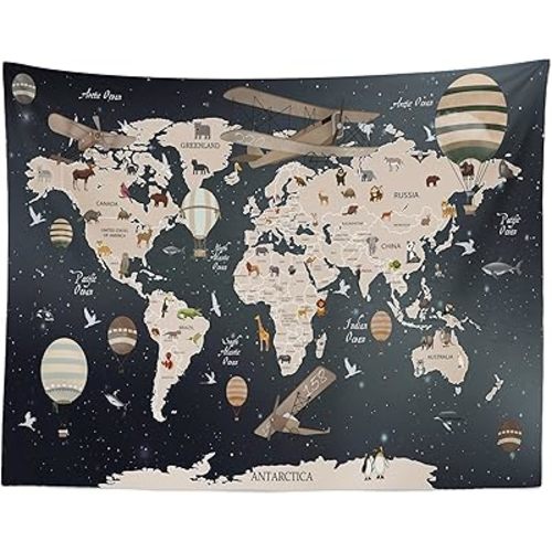 BELECO Kids World Map Tapestry Wall Hanging Cartoon Animals Map Tapestries 80x60 Inch Vintage Aircrafts Hot Air Balloons World Travel Tapestry for Baby Children's Bedroom Living Room Dorm Decor