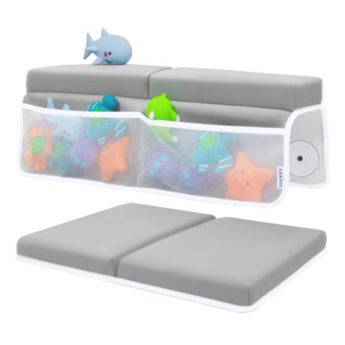 Baby Bath Kneeler and Elbow Rest Pad Set - Baby Bath Support for Knees and Elbows - Bath Kneeler Pad with Memory Foam and Bath Toys Organizer - Ideal Bath Kneeling Pad for Bathing Baby - Grey