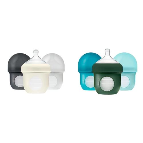 Boon Nursh Reusable Silicone Baby Bottles with Collapsible Pouch - Stage 1 Slow Flow - Gray & Blue - 4 Oz - 3 Count Each