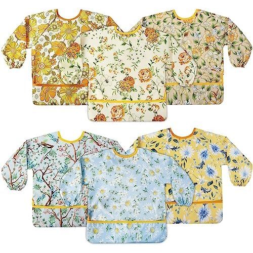 Jeyiour 6 Pack Long Sleeve Baby Bibs Mess Proof Bib Washable Feeding Bib Waterproof Smock Bib for Infant Toddler 6-24 Months