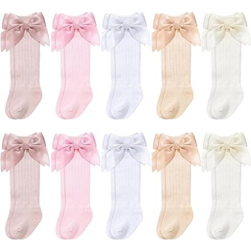 Mepase 10 Pairs Long Preemie Socks Premature Newborn Baby Socks Knee Cotton Socks for Girls Boys Infant Toddler (Bow)